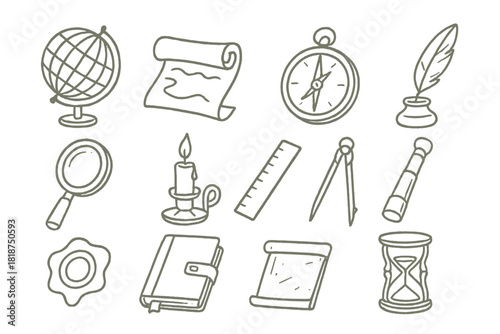 Explorer Desk Icons. Line style icons of explorer’s desk: globe, rolled map, compass, ink pen; magnifier, candle stand, ruler,