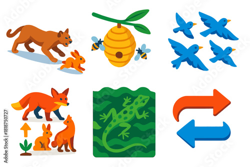 Biological Applications Icons. Isometric vector illustration set Biological Applications: predator chasing prey, beehive colony,