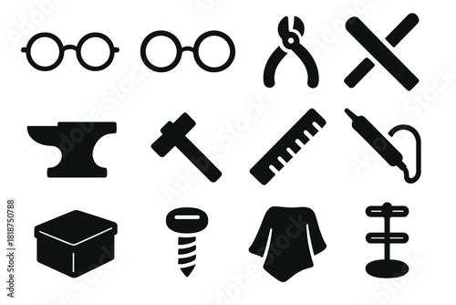 Spectacle Making Tools. Solid style icons of Spectacle Making: Wire Frame, Round Lens, Cutter, File, Anvil, Hammer, Ruler,