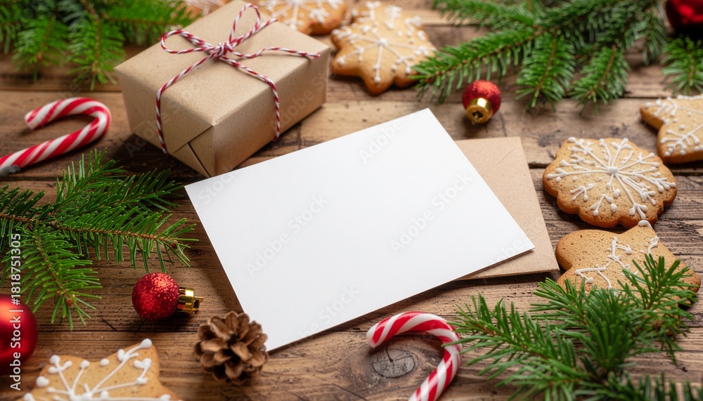 Obraz premium A cheerful cozy card mockup with Christmas cookies, candy canes, and warm festive accents