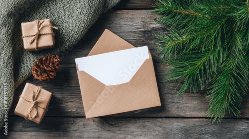 Elegant invitation or greeting card mockup featuring a beautifully arranged gift box alongside delicate plant twigs, creating a festive and cheerful atmosphere perfect for holiday greetings, 