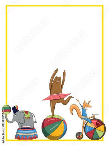 circus style hand drawn template of invitation, birthday card, baby shower, flyer, banner, social media 