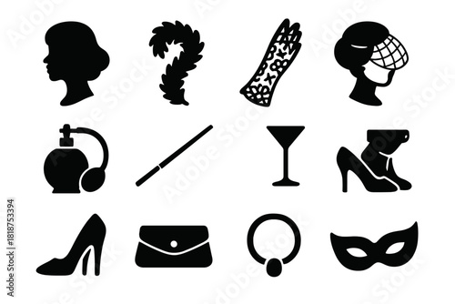 Femme Mystique Icons. Solid style icons of Femme Mystique: Silhouette, Feather Boa, Lace Glove, Veil, Perfume Atomizer, Cigarette