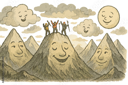 Faces of the Mountains. Epic mountain panorama with peaks wearing faces, climbers celebrating, clouds clapping, and the moon