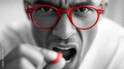 Close up of a man in red glasses and holding red pill with intense or angry expression on face.