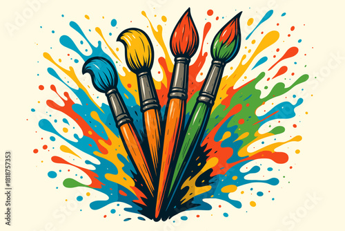 Vibrant Paintbrush Explosion. Artistic cluster vector illustration of paintbrushes covered in vibrant splashes of color, dynamic