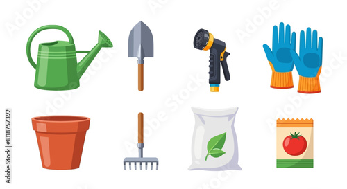 A collection of essential gardening tools and equipment for planting and horticulture, featuring a watering can, trowel, gloves, and seeds
