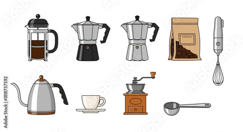 A comprehensive set of vector icons featuring various coffee brewing equipment and barista tools for home or cafe use