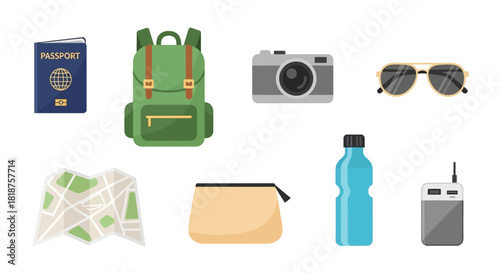 A collection of essential travel and tourism items for a journey, including a passport, backpack, camera, and map. Flat design vector illustration of traveler's accessories