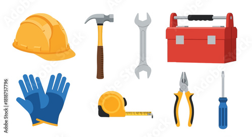 Vector illustration collection of essential construction and repair tools for building and DIY projects