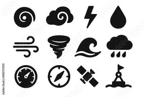 Storm Features Icons. Solid style icons of storm and hurricane features: cyclone eye, spiral cloud, lightning bolt, raindrop,