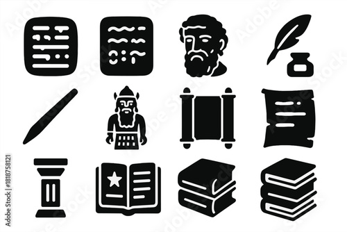 Ancient Writing Icons. Solid style icons of Ancient Writing: clay tablet, Sanskrit text, Homeric poem, quill, ink pot, stylus,