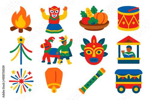 Folk Festival Icons. Flat vector icons of folk festivals: bonfire, masked dancer, harvest feast, traditional drum, maypole,