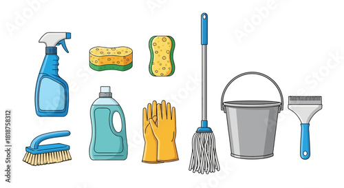 A colorful vector illustration set of essential household cleaning supplies and tools for domestic chores and maintaining home hygiene