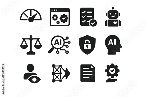 Ethical AI Icons. Solid style icons of Fair and Ethical AI: bias meter, transparency dashboard, accountability checklist, ethical