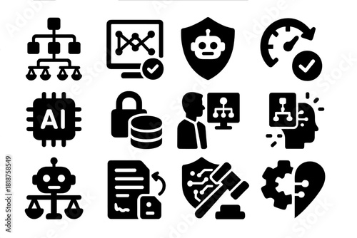 AI Governance Icons. Solid style icons of AI Governance: algorithm fairness, transparent model, accountability checklist, ethical