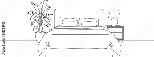 A minimalist line drawing depicting a bedroom interior. The focal point is a bed, centrally positioned, featuring a headboard, two pillows, and bedding. To the left of the bed, a potted plant with lar