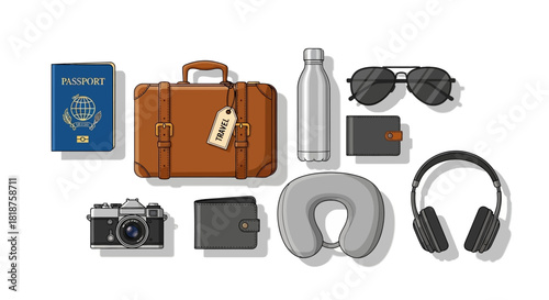 Overhead flat lay illustration of essential travel items and accessories for a vacation, including a passport, suitcase, and personal gadgets