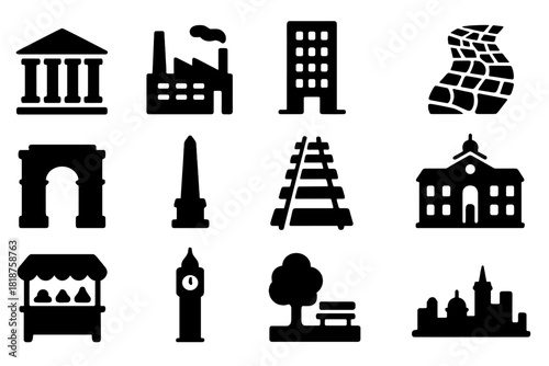 Urban Heritage Icons. Solid style icons of Urban Heritage: ancient temple, factory building, modern high-rise, cobbled street, old