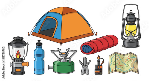 A comprehensive set of vector icons featuring essential camping equipment for outdoor adventures, hiking, and survival