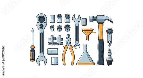 A diverse collection of illustrated hand tools for car repair and maintenance, including a wrench, hammer, and screwdriver, arranged neatly for a workshop concept