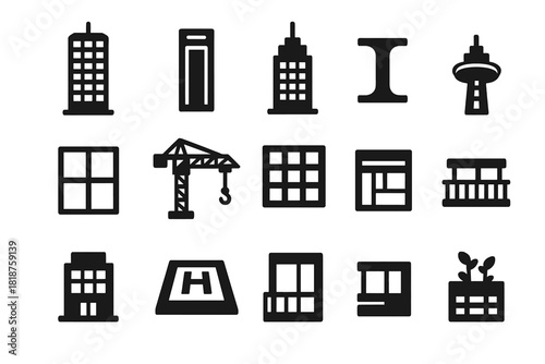 Modern Skyscraper Icons. Solid style icons of modern skyscrapers: glass tower, elevator shaft, rooftop antenna, steel beam, window