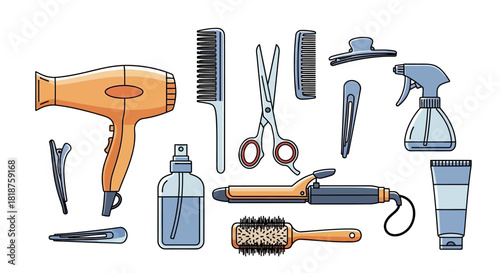 Vector set of hair care and styling tools for a barbershop or salon, showcasing professional equipment as a creative concept