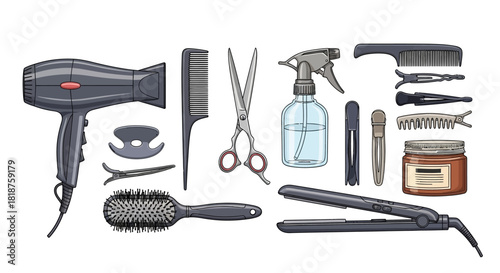 A comprehensive collection of professional hairdressing tools and salon equipment, including a hairdryer, scissors, combs, and hair straightener on a white background