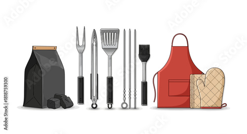 Set of essential barbecue and grill tools including an apron, charcoal, and utensils for a summer cookout party