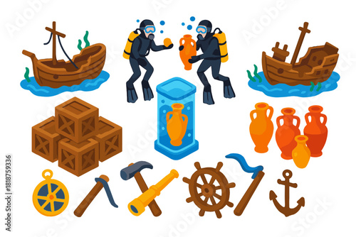 Nautical Archaeology Icons. Isometric vector illustration set Nautical archaeology: sunken ships, divers recovering artifacts,