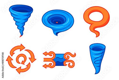 Vibrant Vortex Phenomena. Isometric vector illustration set Vortex Phenomena: tornado spiral, whirlpool in water, smoke ring,