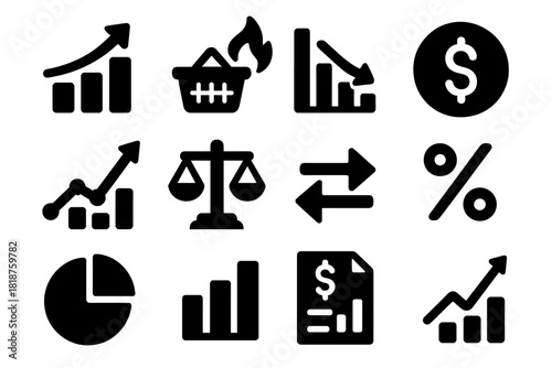 Economic Icons Collection. Solid style icons of economic indicators: GDP chart, inflation icon, unemployment graph, currency