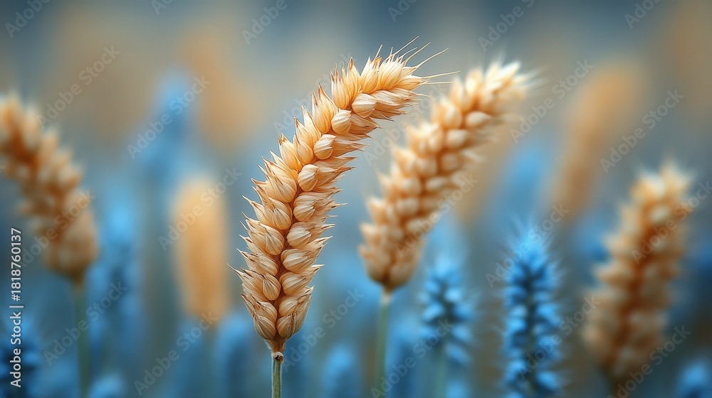Obraz premium Close-up shot of wheat ears showcasing the rich texture and vibrant color contrast between golden grains and soft blue tones. Focus on detail and depth of field.