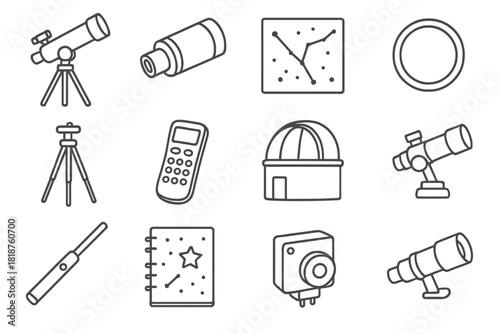 Astronomy Tools Icons. Line style icons of scientific observation: telescope mount, CCD camera, star chart, lens cap; tripod legs,
