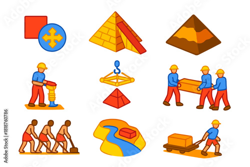 Pyramid Construction Tools. Isometric vector illustration set Geotechnical engineering of pyramids: pyramid layout plans, ramp