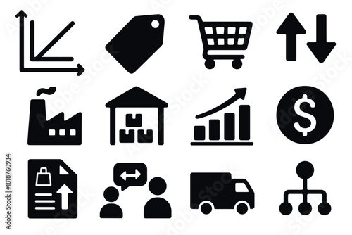 Market Dynamics Icons. Solid style icons of market dynamics: supply-demand chart, price tag, shopping cart, trade arrow, factory,