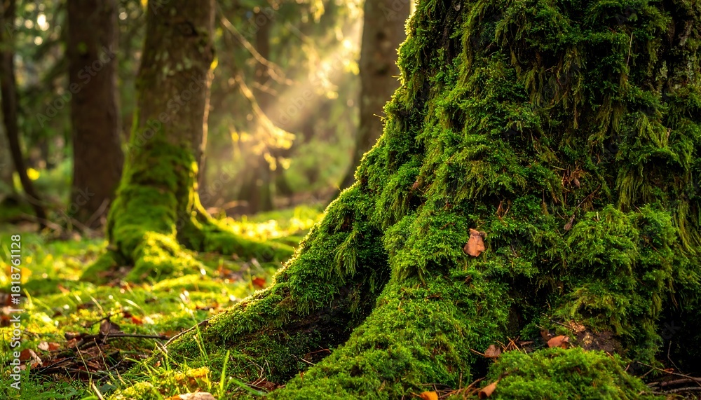 Obraz premium Enchanting Forest Scene - Moss-Covered Tree Roots and Sunlit Glade.