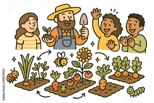 Cheerful Farm Workshop. Playful doodle farmer workshop with cheerful participants, cartoon polyculture plots, smiling beneficial