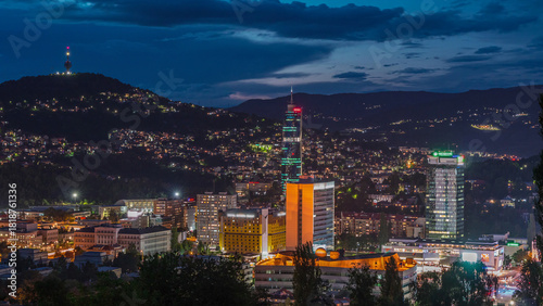 City panorama from Old Jewish cemetery day to night timelapse in Sarajevo