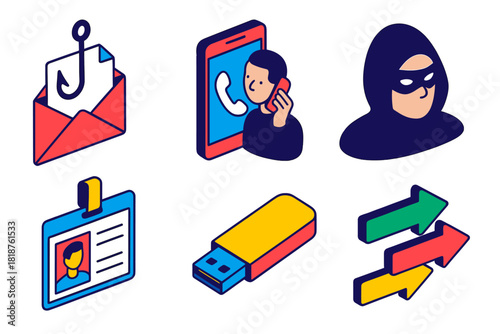 Social Engineering Icons. Isometric vector illustration set Social Engineering Attacks: phishing email, phone scam icon, masked