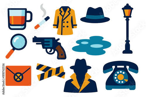 Noir Detective Icons. Flat vector icons of Noir Detective: whiskey glass, cigarette, trench coat, fedora hat, magnifying glass,