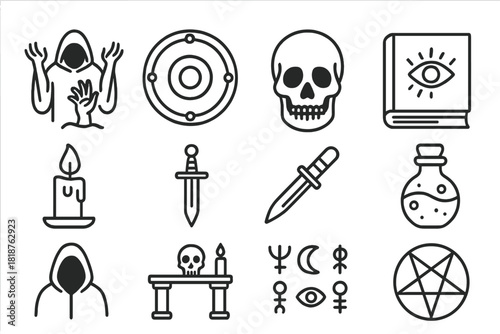 Occult Ritual Icons. Line style icons of Forbidden Rituals: Raising the Dead, Magic Circle, Skull, Hidden Knowledge; Candle,