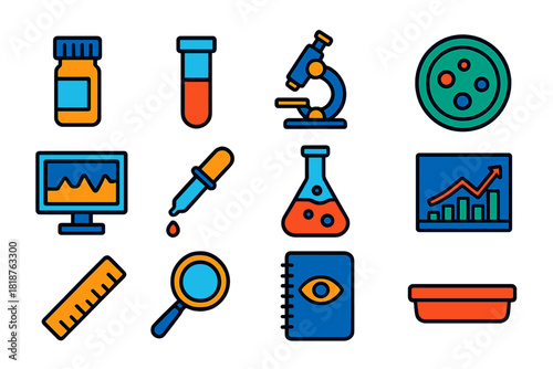 Minimalist Lab Icons. Flat vector icons of sampling and laboratory analysis: sample vial, test tube, microscope, petri dish,