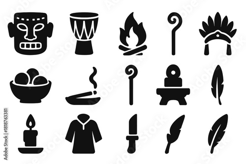 Rituals Icon Set. Solid style icons of rituals: ceremonial mask, drum, fire pit, incense, offering bowl, staff, headdress, altar,
