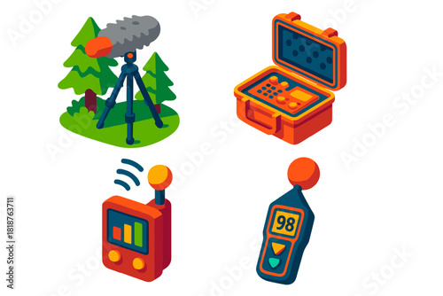 Wilderness Recording Equipment. Isometric vector illustration set Wilderness Recording Setup: Tripod mic in forest, recorder in