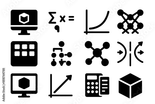 Theoretical Modeling Icons. Solid style icons of theoretical modeling: computer simulation, equation, graph chart, neural network,