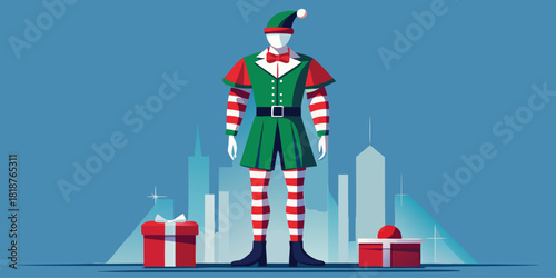 Tall christmas elf standing in city with gifts