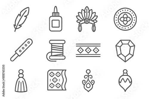 Traditional Headwear Icons. Line style icons of Traditional Headwear: Feather, Glue, Detailed Design, Headdress; Beadwork, Leather
