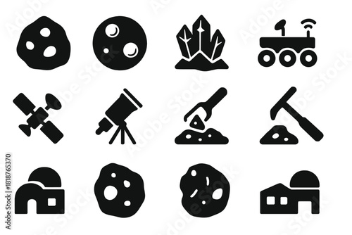 Lunar Science Icons. Solid style icons of Lunar Science: moon rock, lunar crater, water ice, rover, satellite, telescope, sample