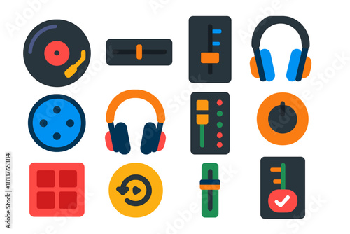 DJ Equipment Icons. Flat vector icons of DJ Mixing Setup: turntable platter, crossfader, pitch slider, cue button, jog wheel,